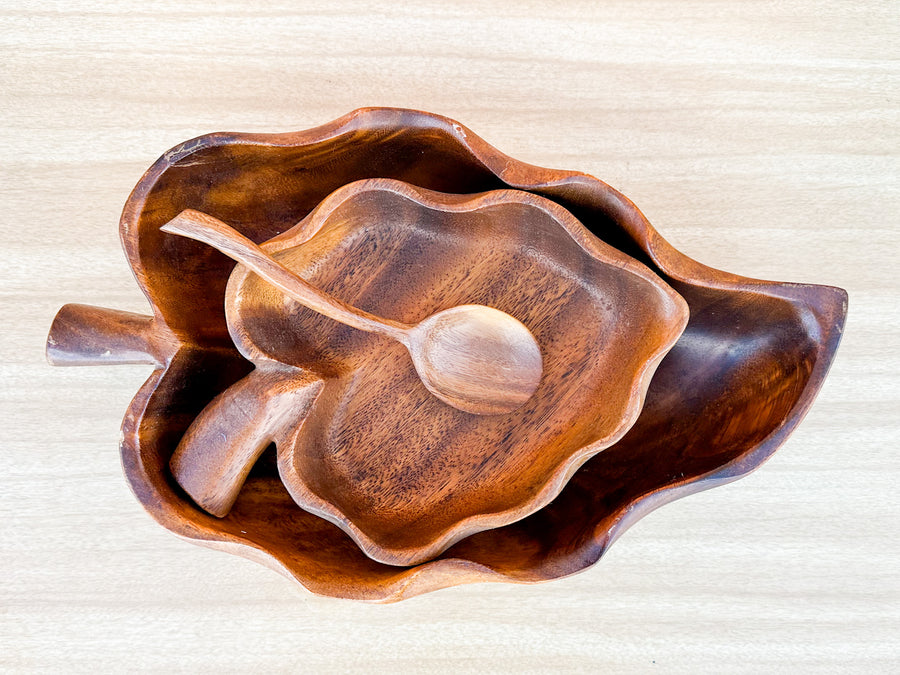 Pair of Fall Leaf Monkey Pod Bowls with Spoon
