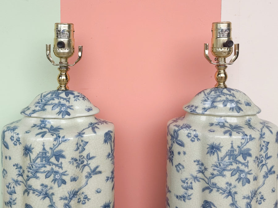 Pair of Blue and White Pagoda Lamps