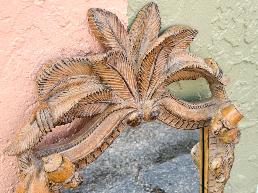 Wood Carved Palm and Monkey Mirror