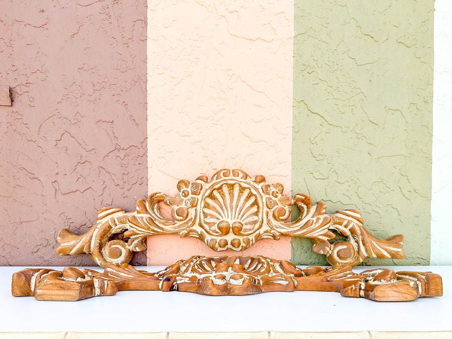 Pair of Wood Carved Shell Motif Wall Art
