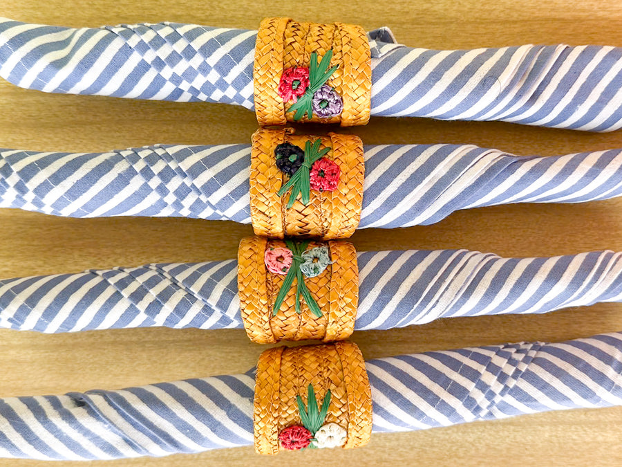Set of Twelve Raffia Flower Napkin Rings