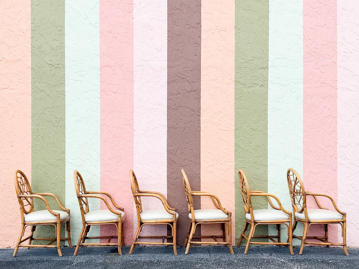 Set of Six McGuire Style Cracked Ice Rattan Dining Chairs