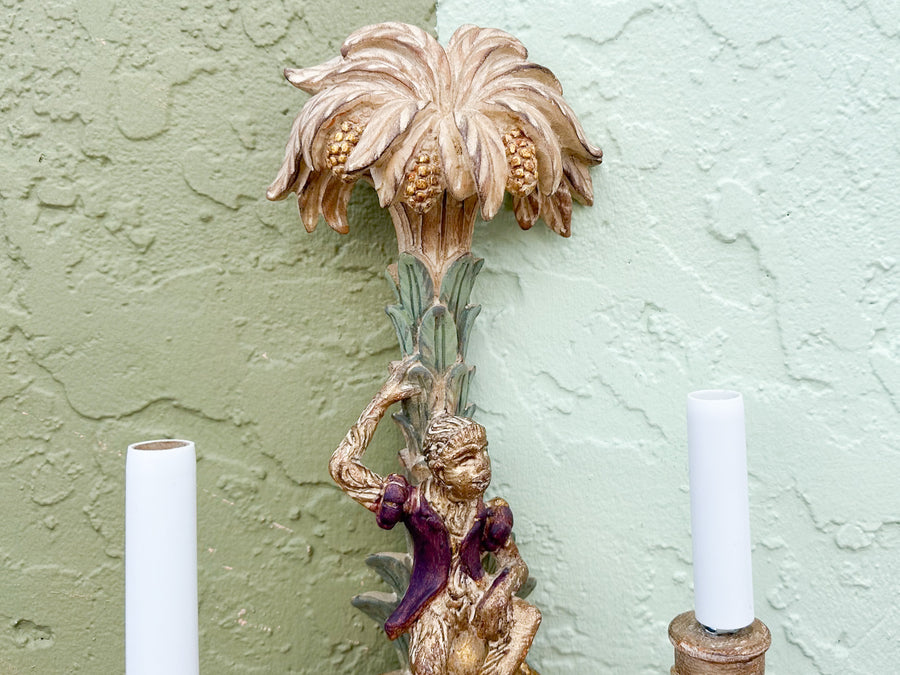Pair of Wood Carved Monkey Wall Sconces