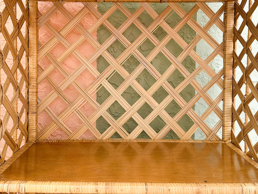 Pair of Old Florida Rattan Lattice Etageres