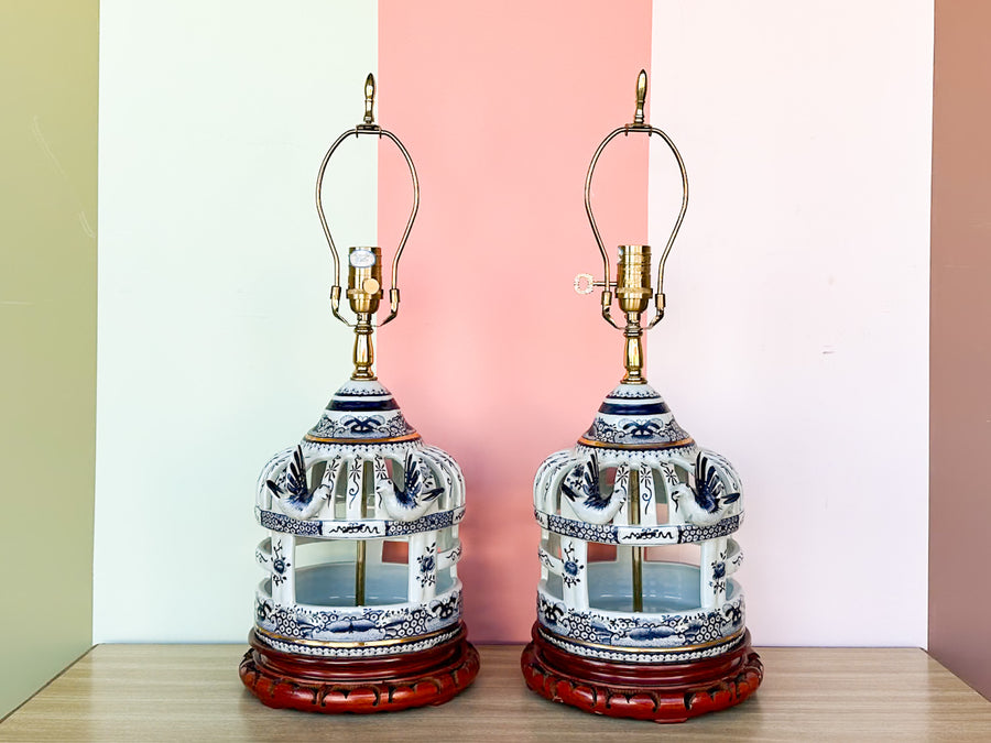 Pair of Blue and White Ceramic Birdcage Lamps