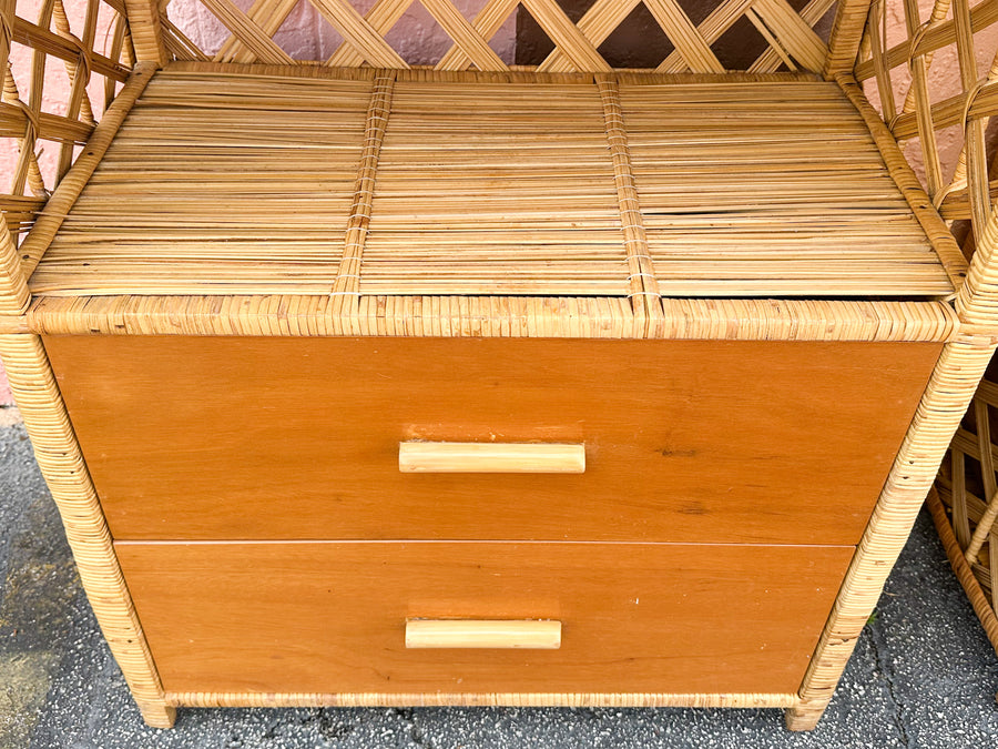 Pair of Old Florida Rattan Lattice Etageres