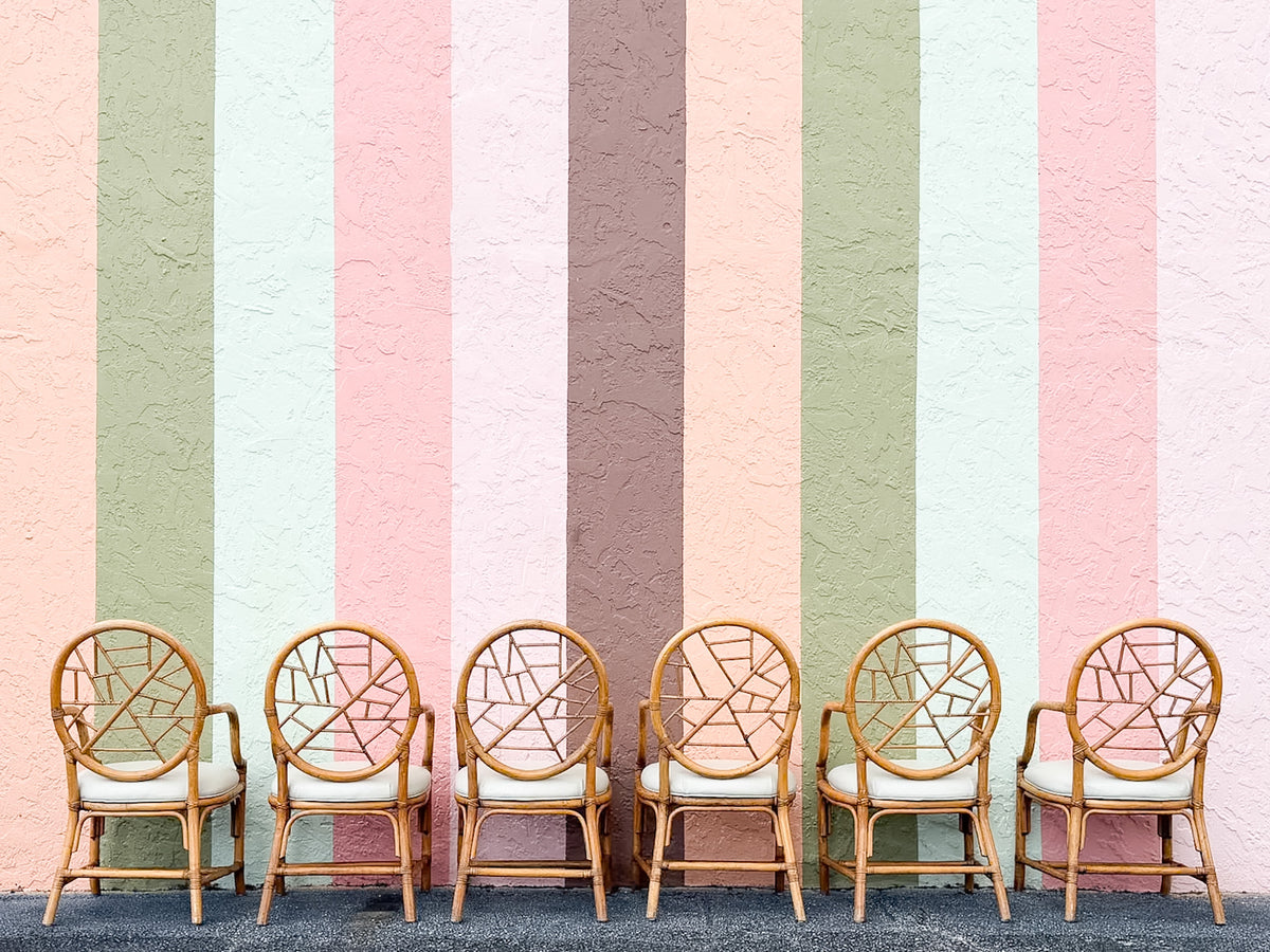 Set of Six McGuire Style Cracked Ice Rattan Dining Chairs