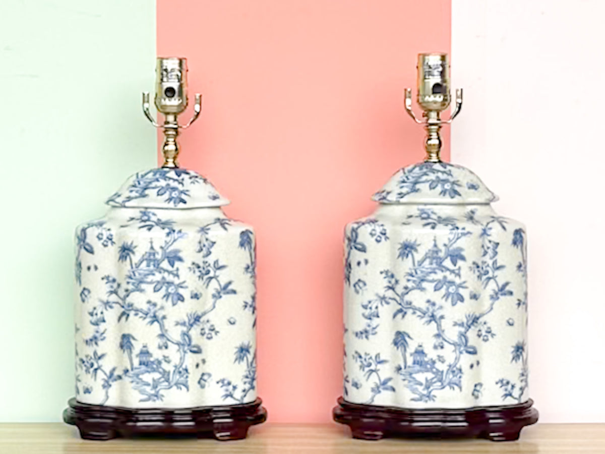 Pair of Blue and White Pagoda Lamps