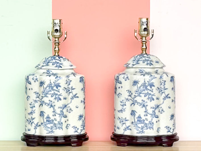 Pair of Blue and White Pagoda Lamps