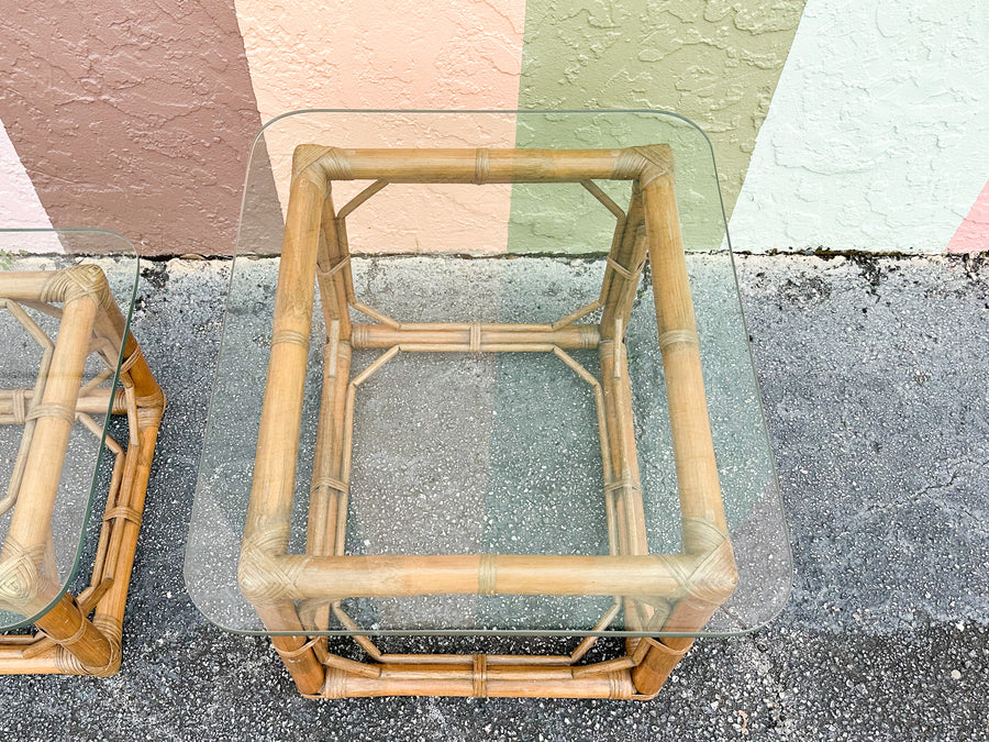 Pair of Fretwork Rattan Side Tables