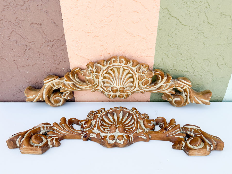Pair of Wood Carved Shell Motif Wall Art