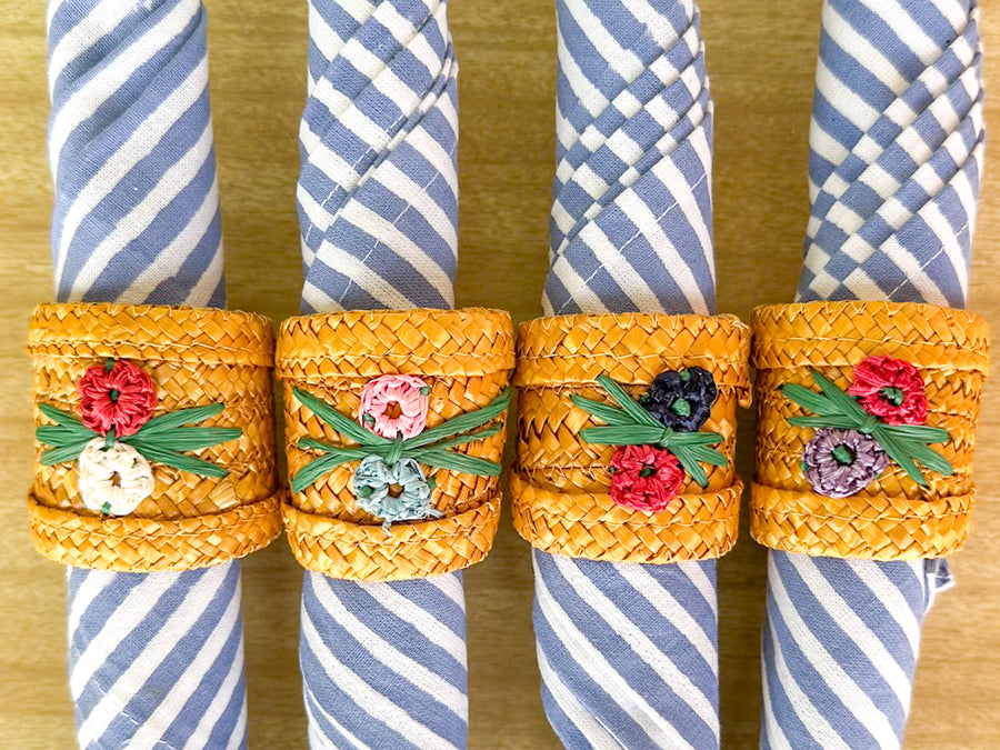 Set of Twelve Raffia Flower Napkin Rings
