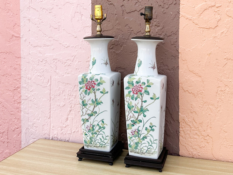 Pair of Colorful Chinoiserie Floral Lamps