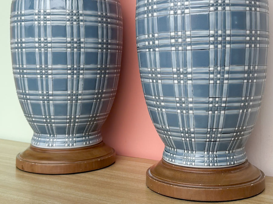 Pair of Blue and White Plaid Lamps
