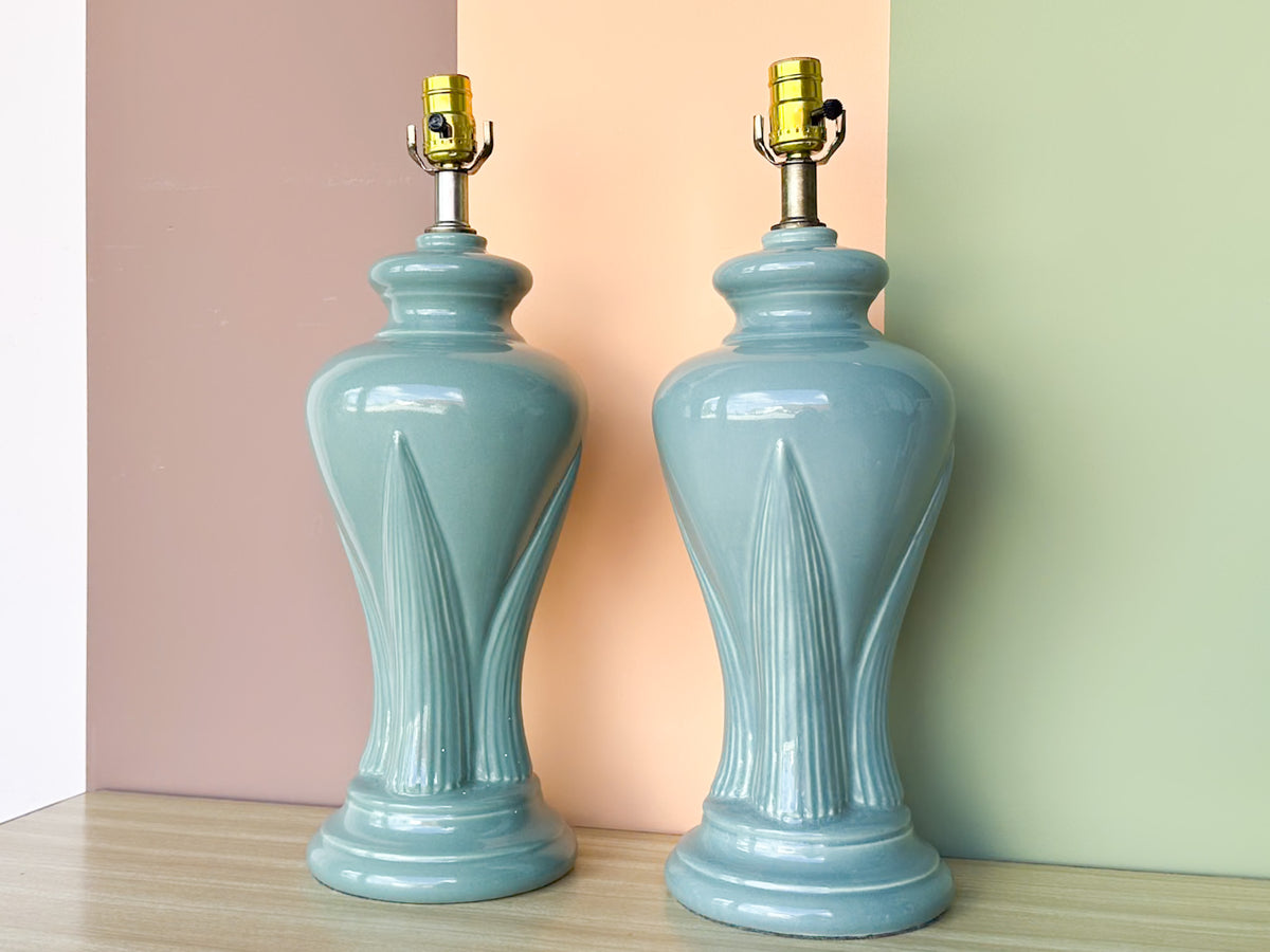 Pair of Seafoam Palm Leaf Lamps
