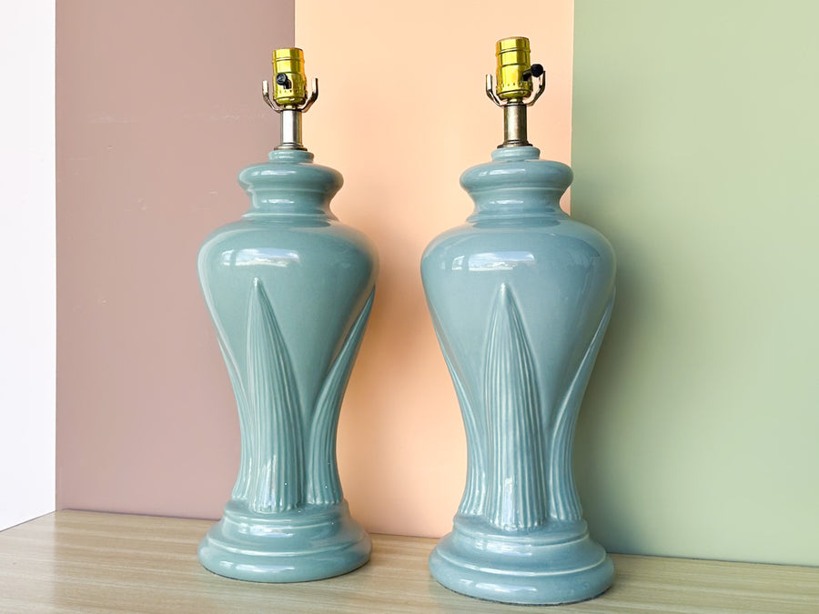 Pair of Seafoam Palm Leaf Lamps