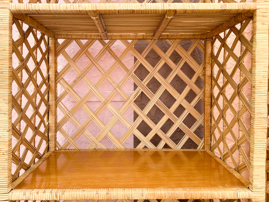 Pair of Old Florida Rattan Lattice Etageres
