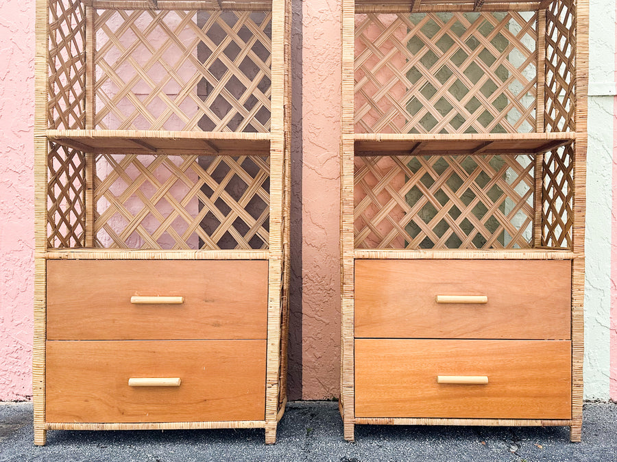 Pair of Old Florida Rattan Lattice Etageres