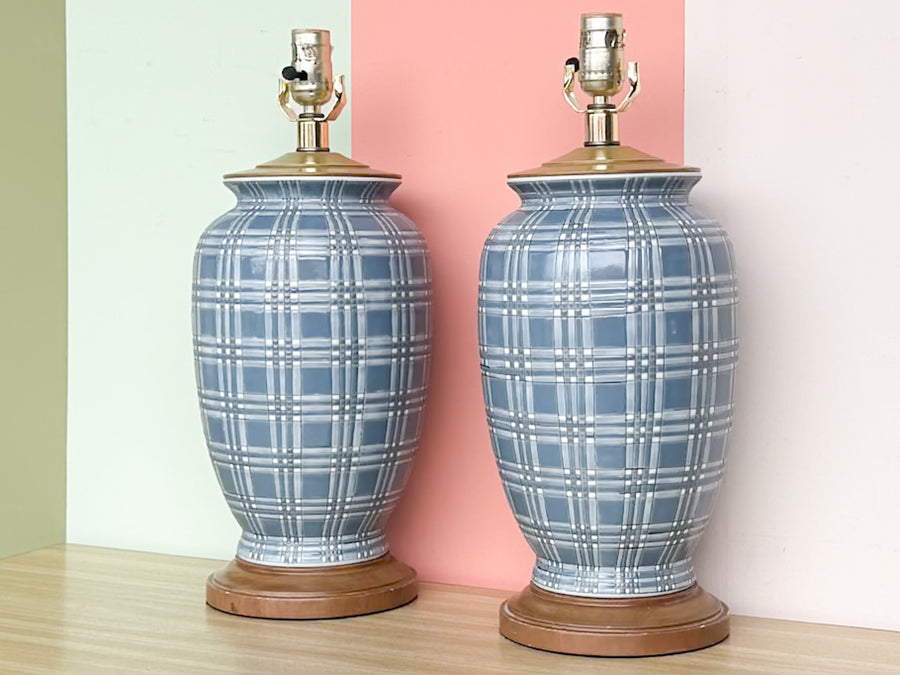 Pair of Blue and White Plaid Lamps