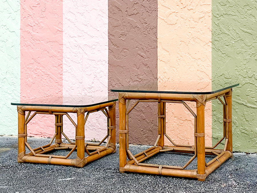 Pair of Fretwork Rattan Side Tables