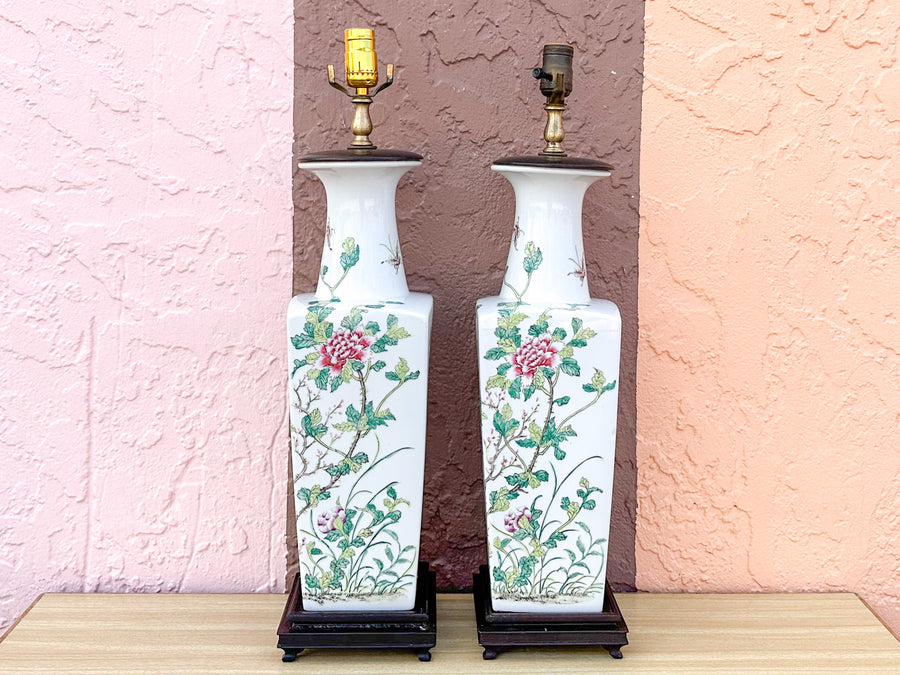 Pair of Colorful Chinoiserie Floral Lamps