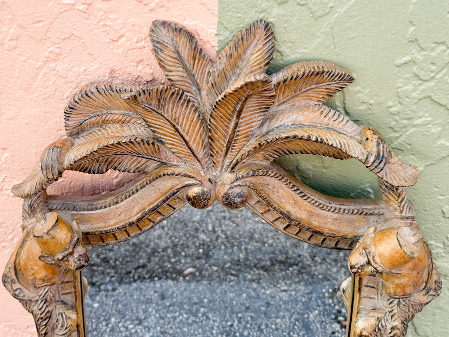 Wood Carved Palm and Monkey Mirror