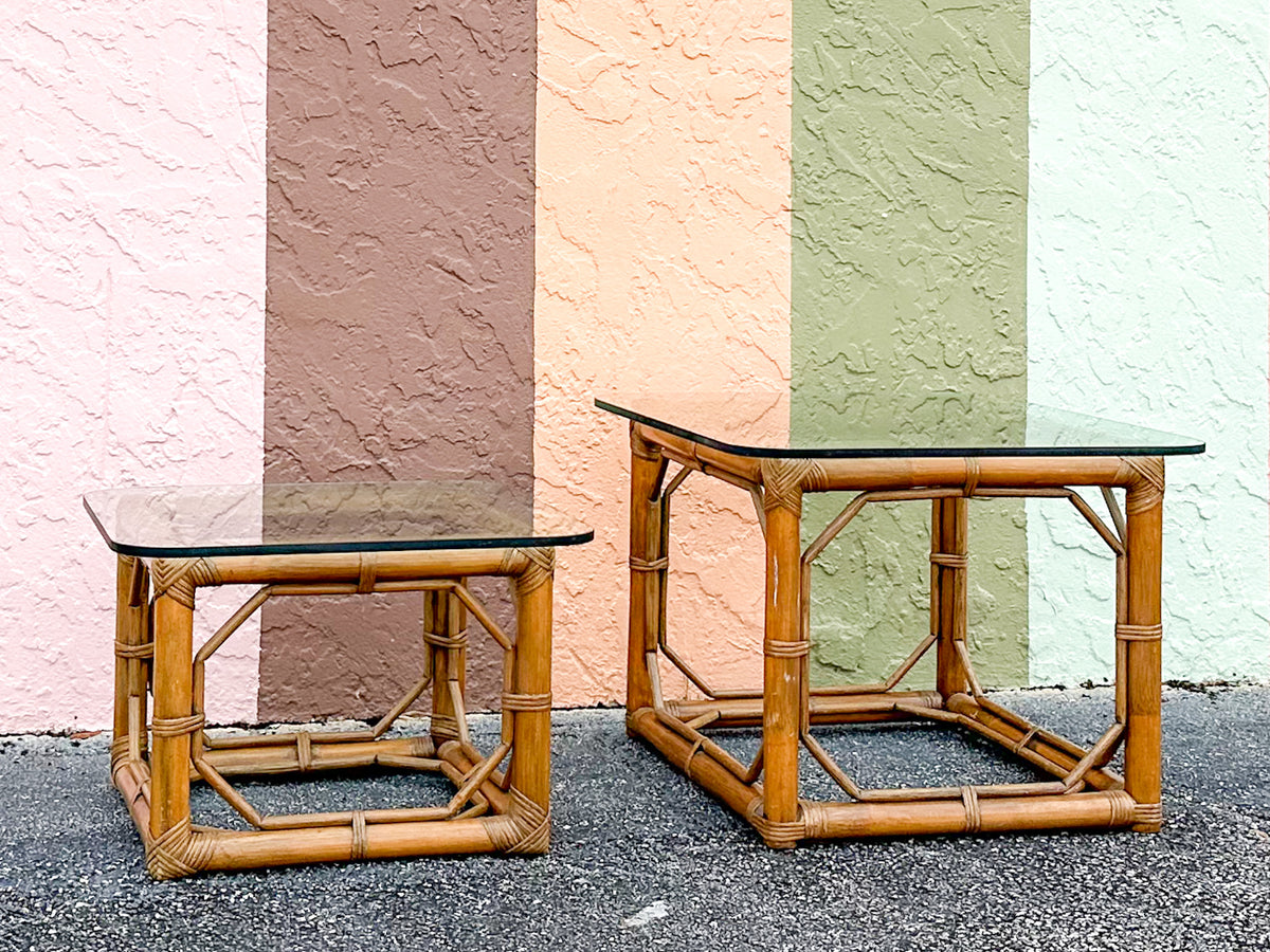 Pair of Fretwork Rattan Side Tables