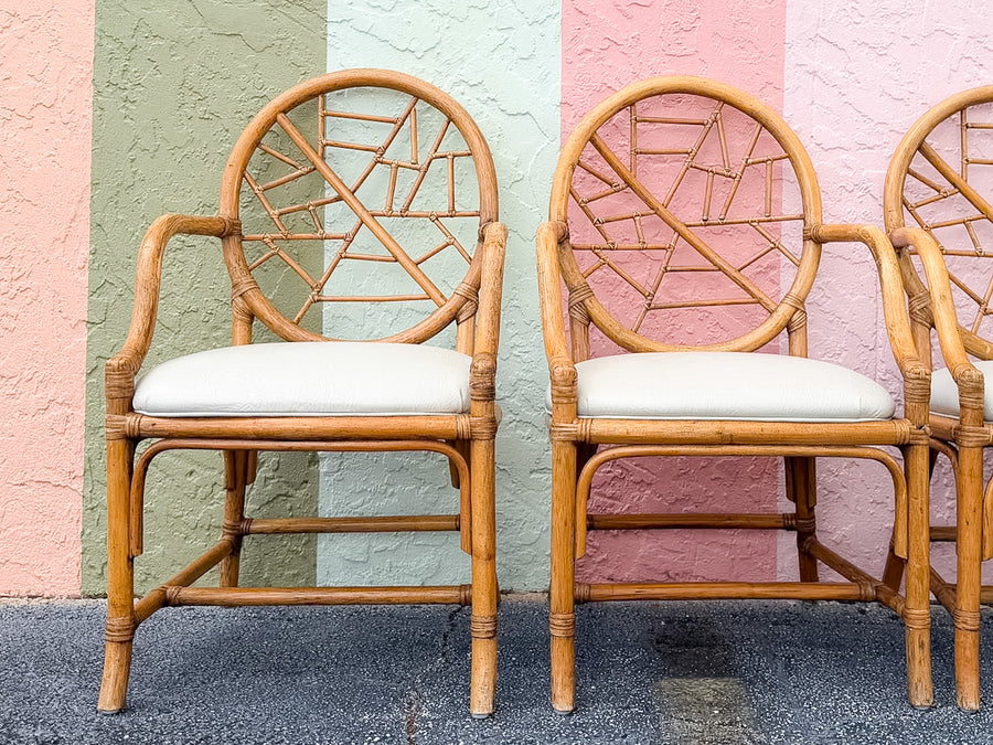 Set of Six McGuire Style Cracked Ice Rattan Dining Chairs