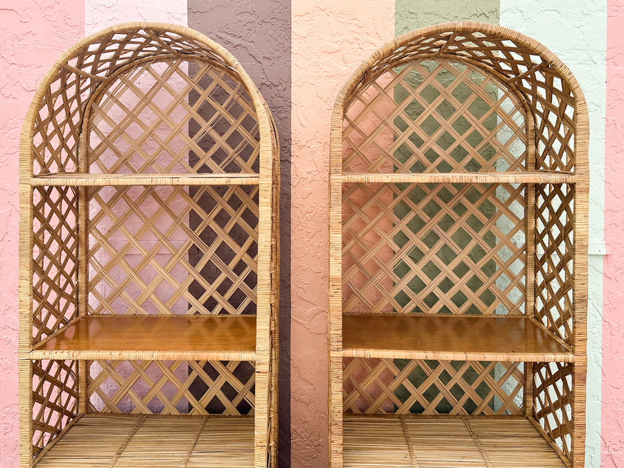 Pair of Old Florida Rattan Lattice Etageres