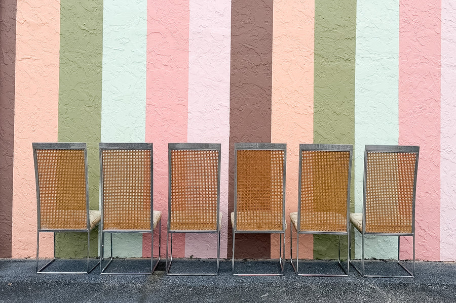 Set of Six Milo Baughman for Thayer Coggin Chrome and Cane Dining Chairs