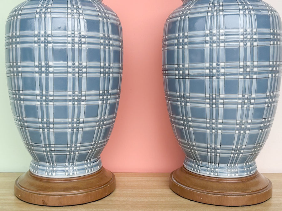 Pair of Blue and White Plaid Lamps