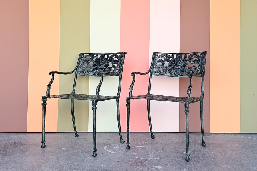 Set of Four Shell Motif Cast Iron Chairs