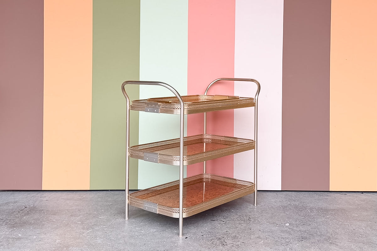 MCM Faux Burl Metal Bar Cart with Tray