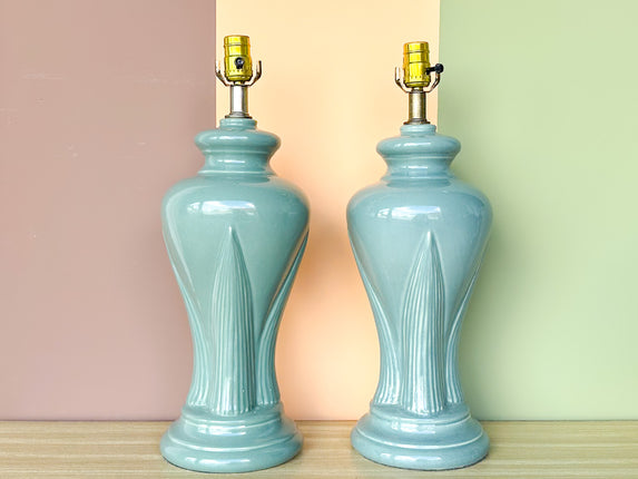 Pair of Seafoam Palm Leaf Lamps