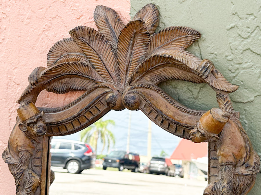 Wood Carved Palm and Monkey Mirror