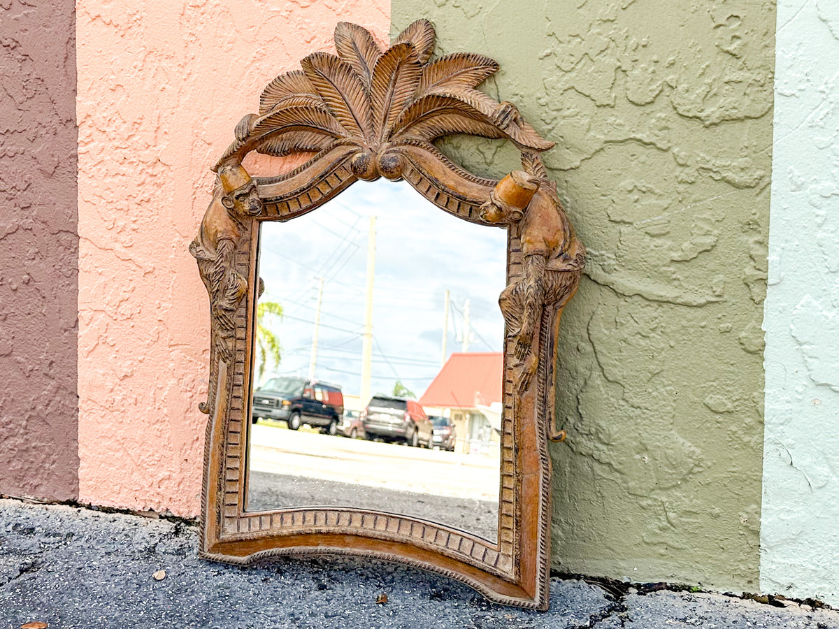 Wood Carved Palm and Monkey Mirror