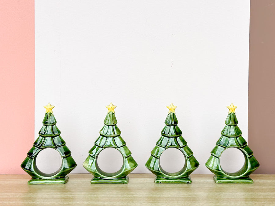 Set of Six Ceramic Christmas Tree Napkin Rings