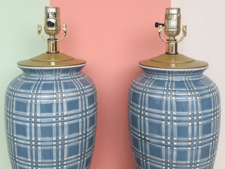 Pair of Blue and White Plaid Lamps
