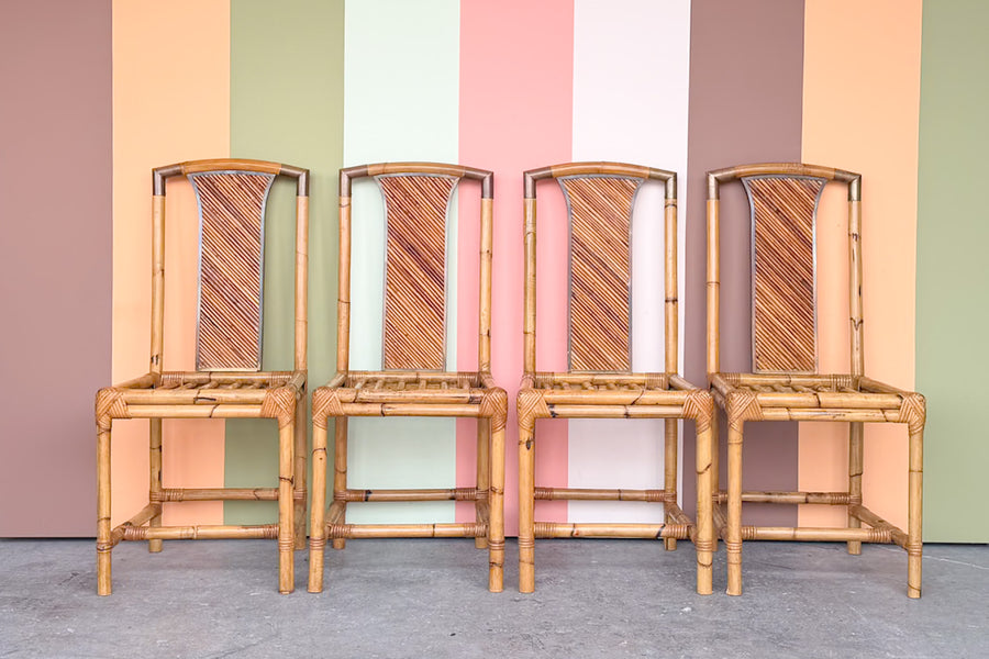 Set of Four Pencil Reed Rattan Dining Chairs