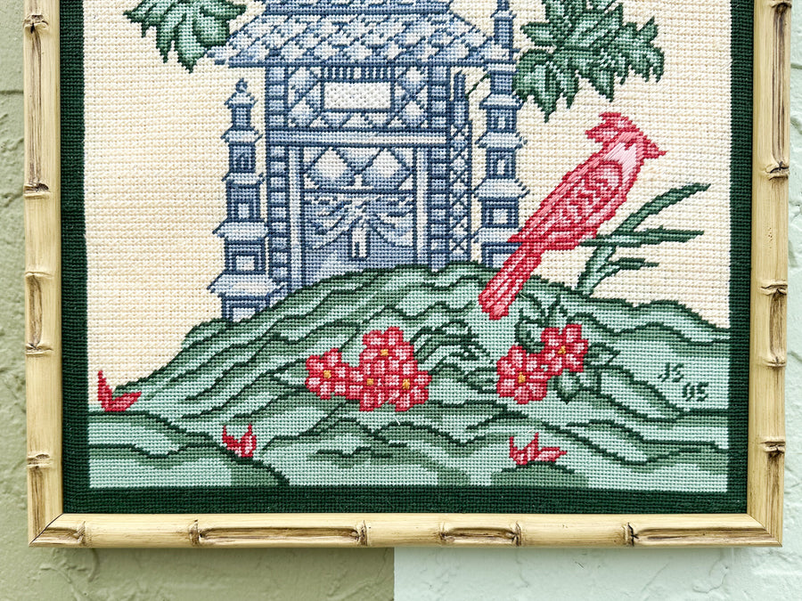 Blue Pagoda Needlepoint Framed Art