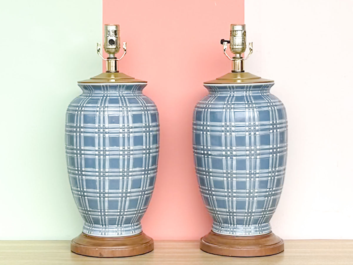 Pair of Blue and White Plaid Lamps