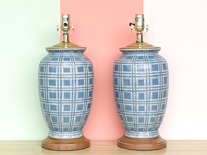 Pair of Blue and White Plaid Lamps