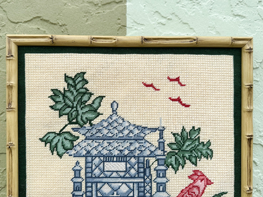 Blue Pagoda Needlepoint Framed Art