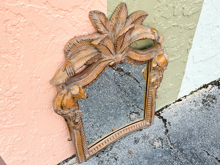 Wood Carved Palm and Monkey Mirror