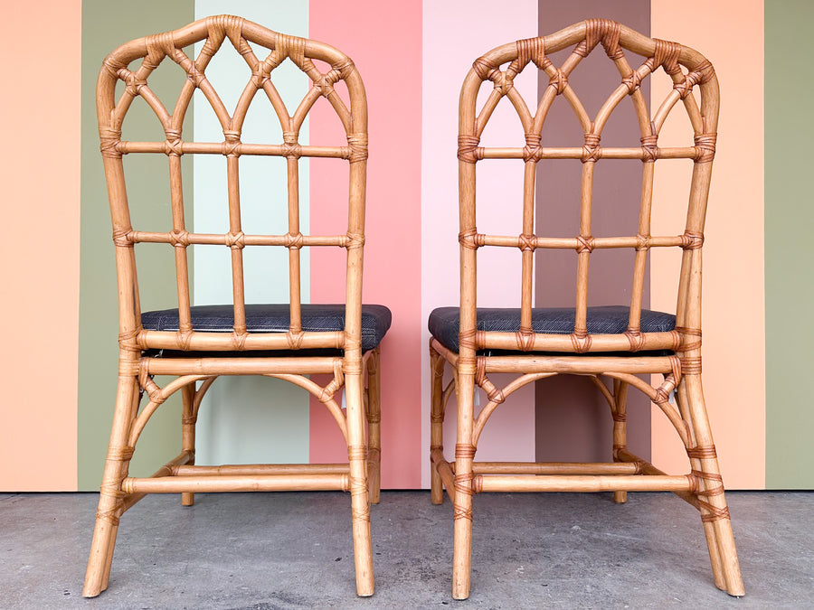 Set of Four Rattan McGuire Style Cathedral Dining Chairs