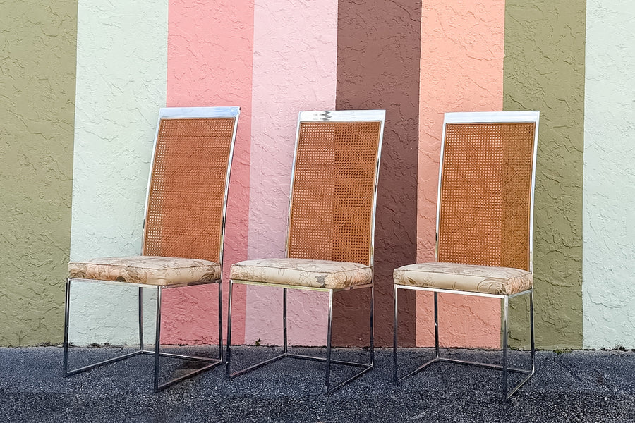 Set of Six Milo Baughman for Thayer Coggin Chrome and Cane Dining Chairs