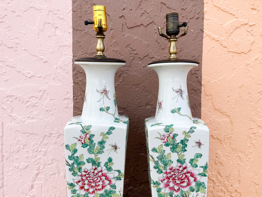 Pair of Colorful Chinoiserie Floral Lamps