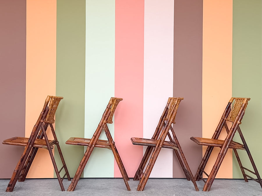 Set of Four Bamboo and Cane Folding Chairs