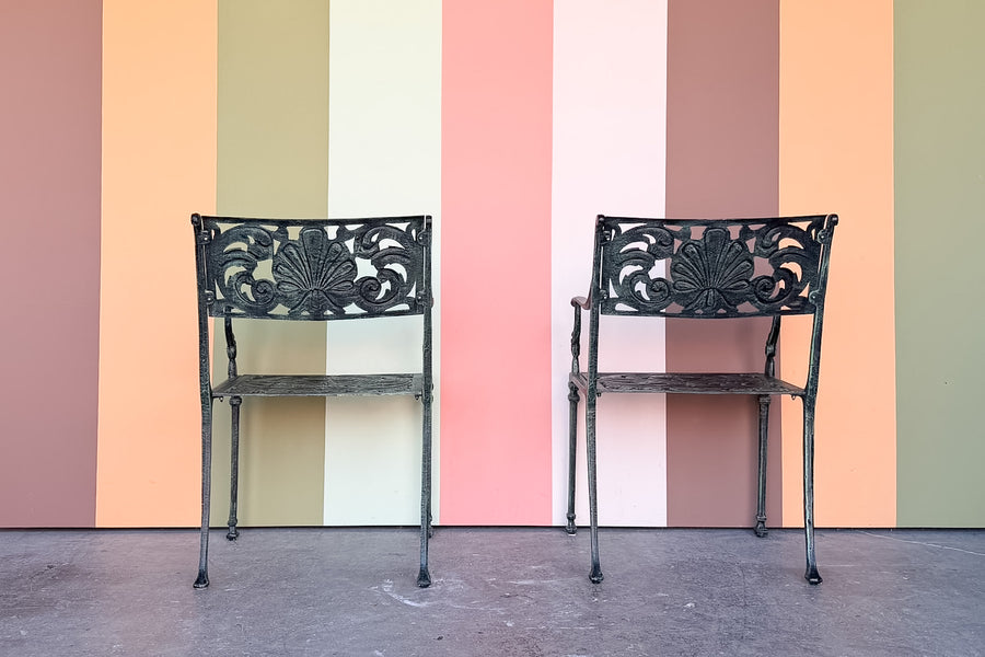 Set of Four Shell Motif Cast Iron Chairs