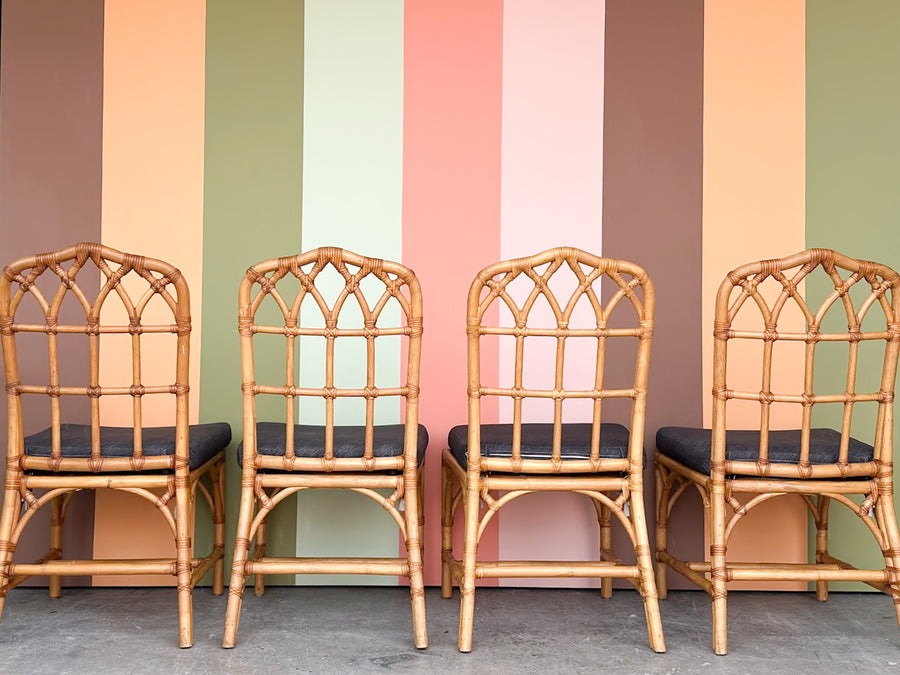 Set of Four Rattan McGuire Style Cathedral Dining Chairs